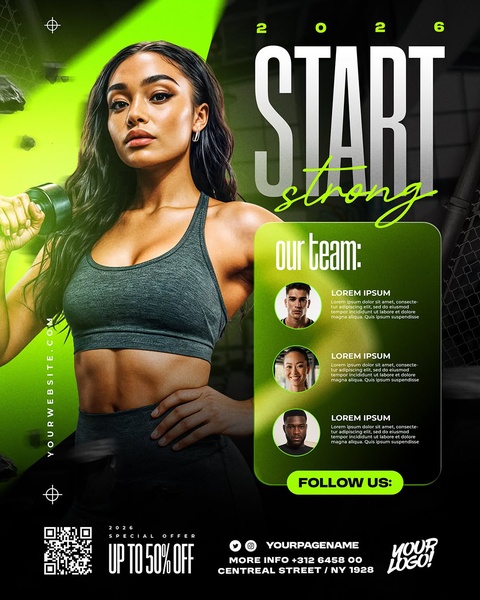 A 4:5 ratio gym promotion featuring a high-energy fitness athlete, a clear 2026 goal-setting headline, and a social proof team grid.